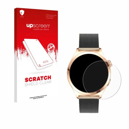 Front side of a product packaging with the brand logo upscreen. Next to it is the device Niolina Smartwatch 1.27