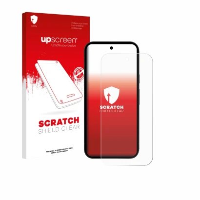 Front side of a product packaging with the brand logo upscreen. Next to it is the device Google Pixel 10a shown with the corre