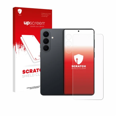 Front side of a product packaging with the brand logo upscreen. Next to it is the device Samsung Galaxy S26 Plus (Front+Camera
