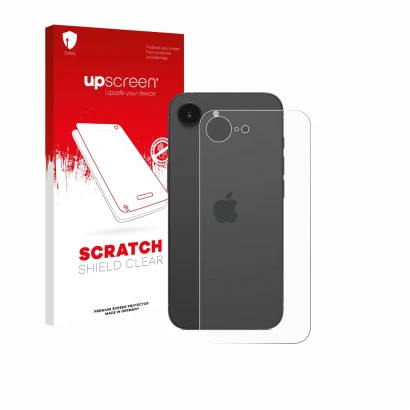 Front side of a product packaging with the brand logo upscreen. Next to it is the device Apple iPhone 17e (Back) shown with th