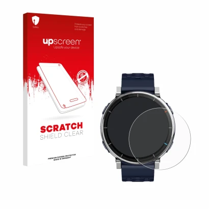Front side of a product packaging with the brand logo upscreen. Next to it is the device Amazfit Active 3 Premium shown with t
