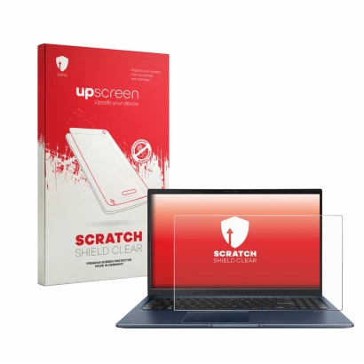 Front side of a product packaging with the brand logo upscreen. Next to it is the device ASUS Vivobook 15 M1502YA shown with t