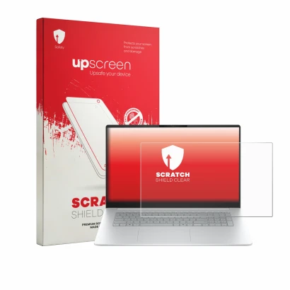Front side of a product packaging with the brand logo upscreen. Next to it is the device HP OmniBook 3 17 17-dp0233ngx shown w
