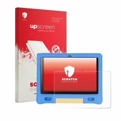 Front side of a product packaging with the brand logo upscreen. Next to it is the device Bufo Kids Tablet 10.1" shown with the