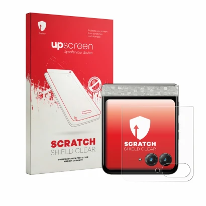 Front side of a product packaging with the brand logo upscreen. Next to it is the device Motorola Razr 70 (Back display) shown