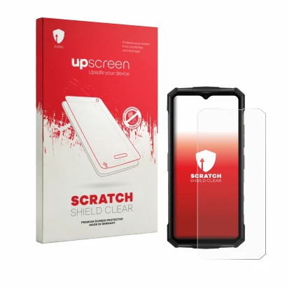Front side of a product packaging with the brand logo upscreen. Next to it is the device Doogee Fire 7 Pro shown with the corr