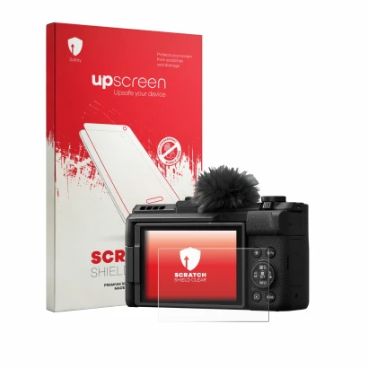 Front side of a product packaging with the brand logo upscreen. Next to it is the device Canon PowerShot V1 Premium shown with