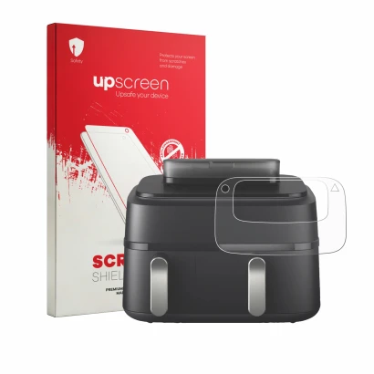Front side of a product packaging with the brand logo upscreen. Next to it is the device Philips Airfryer 5000 Series NA551/00