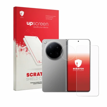Front side of a product packaging with the brand logo upscreen. Next to it is the device Oppo Find N6 (Front+Camera) shown wit