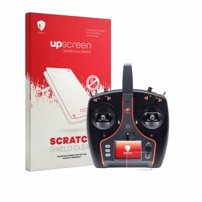 Front side of a product packaging with the brand logo upscreen. Next to it is the device Spektrum NX7e Plus shown with the cor