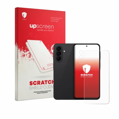 Front side of a product packaging with the brand logo upscreen. Next to it is the device Samsung Galaxy A27 5G (Front+Camera)