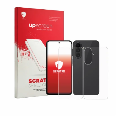 Front side of a product packaging with the brand logo upscreen. Next to it is the device Samsung Galaxy A27 5G (Front+Back) sh