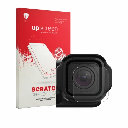 Front side of a product packaging with the brand logo upscreen. Next to it is the device GoPro Mission 1 Pro (Lens) shown with