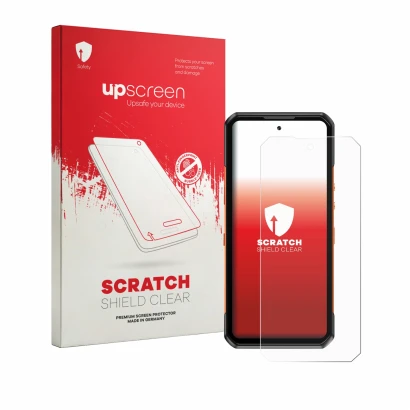 Front side of a product packaging with the brand logo upscreen. Next to it is the device Oukitel WP500 Ultra shown with the co