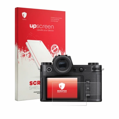 Front side of a product packaging with the brand logo upscreen. Next to it is the device Leica SL3-P (Display + top plate disp