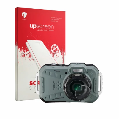 Front side of a product packaging with the brand logo upscreen. Next to it is the device Ricoh Pentax WG-1000 (Lens) shown wit