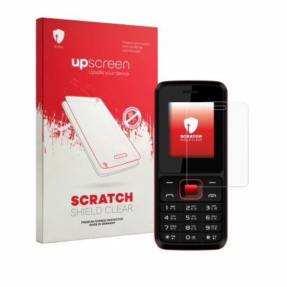 Front side of a product packaging with the brand logo upscreen. Next to it is the device Karbonn K19 Rock shown with the corre