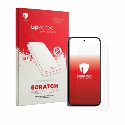 Front side of a product packaging with the brand logo upscreen. Next to it is the device Google Pixel 11 Pro Fold shown with t