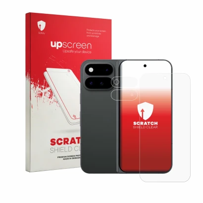 Front side of a product packaging with the brand logo upscreen. Next to it is the device Google Pixel 11 Pro Fold (Front+Camer