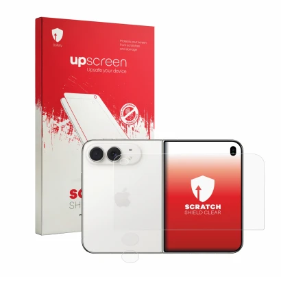 Front side of a product packaging with the brand logo upscreen. Next to it is the device Apple iPhone Duo (Front+Camera) shown