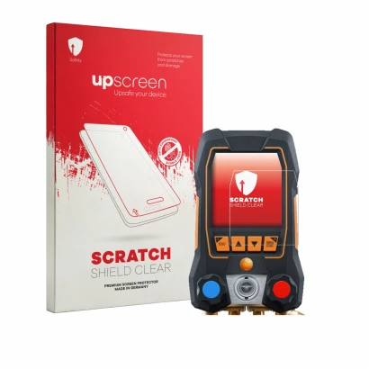 Front side of a product packaging with the brand logo upscreen. Next to it is the device Testo 558s shown with the correspondi