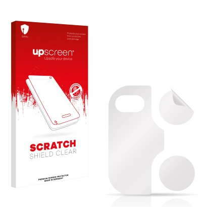 Front side of a product packaging with the brand logo upscreen. Next to it is the corresponding screen protector.