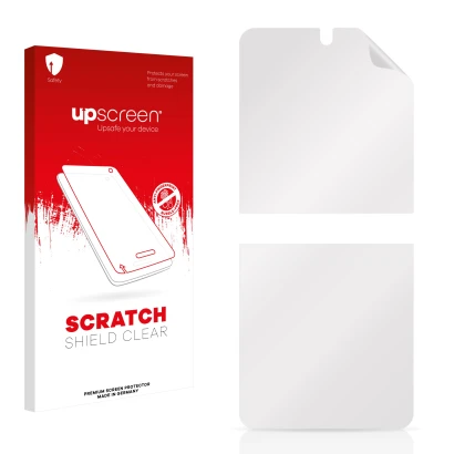 Front side of a product packaging with the brand logo upscreen. Next to it is the corresponding screen protector.