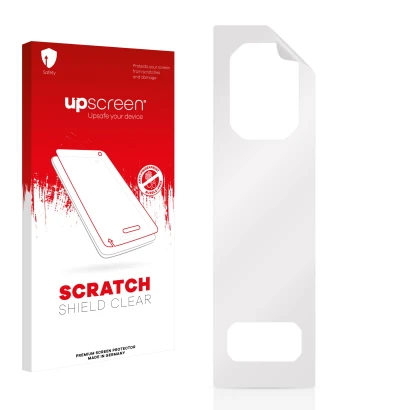 Front side of a product packaging with the brand logo upscreen. Next to it is the corresponding screen protector.
