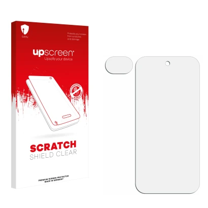 Front side of a product packaging with the brand logo upscreen. Next to it is the corresponding screen protector.