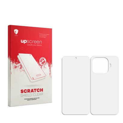 Front side of a product packaging with the brand logo upscreen. Next to it is the corresponding screen protector.