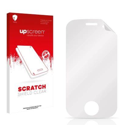 Front side of a product packaging with the brand logo upscreen. Next to it is the corresponding screen protector.