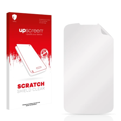 Front side of a product packaging with the brand logo upscreen. Next to it is the corresponding screen protector.