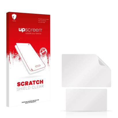 Front side of a product packaging with the brand logo upscreen. Next to it is the corresponding screen protector.