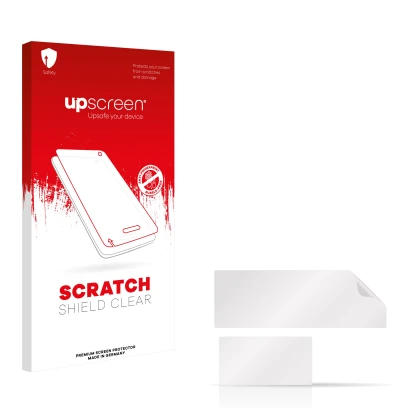 Front side of a product packaging with the brand logo upscreen. Next to it is the corresponding screen protector.