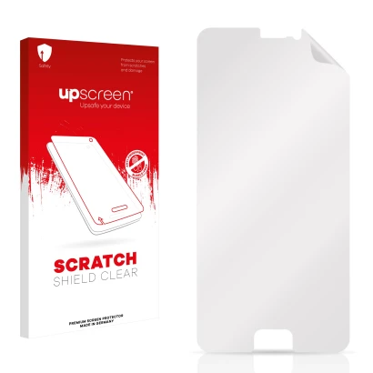 Front side of a product packaging with the brand logo upscreen. Next to it is the corresponding screen protector.
