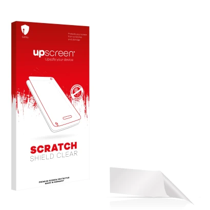 Front side of a product packaging with the brand logo upscreen. Next to it is the corresponding screen protector.