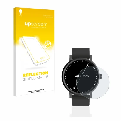 Front side of a product packaging with the brand logo upscreen. Next to it is the device Watches (Circular, ø: 40 mm) shown wi