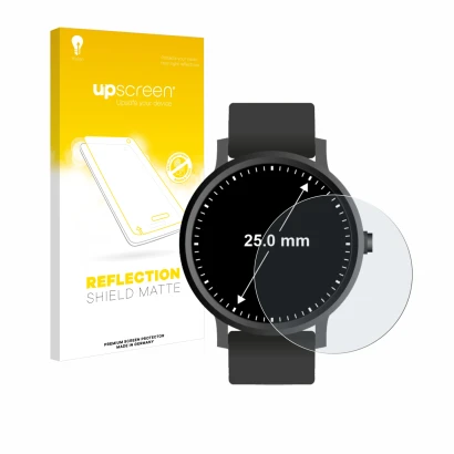Front side of a product packaging with the brand logo upscreen. Next to it is the device Watches (Circular, ø: 25 mm) shown wi
