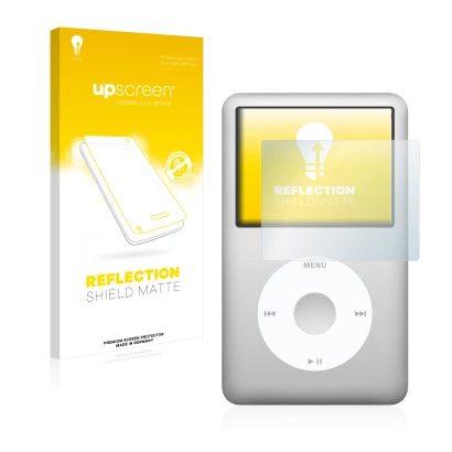 Front side of a product packaging with the brand logo upscreen. Next to it is the device Apple iPod Classic (6th. Gen.) shown 