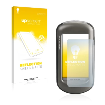 Front side of a product packaging with the brand logo upscreen. Next to it is the device Garmin Oregon 450 shown with the corr