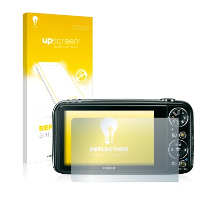 Front side of a product packaging with the brand logo upscreen. Next to it is the device Fujifilm FinePix Real 3D W3 shown wit