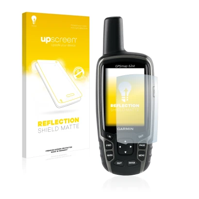 Front side of a product packaging with the brand logo upscreen. Next to it is the device Garmin GPSMAP 62st shown with the cor