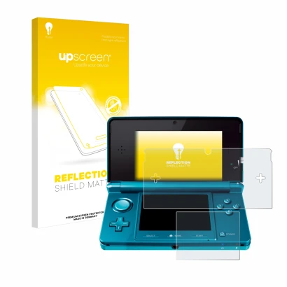 Front side of a product packaging with the brand logo upscreen. Next to it is the device Nintendo 3DS shown with the correspon