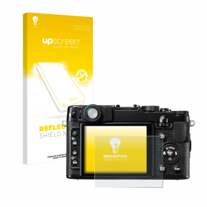 Front side of a product packaging with the brand logo upscreen. Next to it is the device Fujifilm FinePix X10 shown with the c