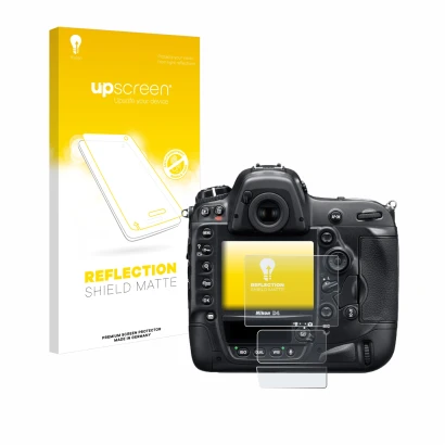 Front side of a product packaging with the brand logo upscreen. Next to it is the device Nikon D4 shown with the corresponding