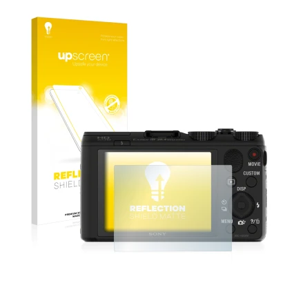 Front side of a product packaging with the brand logo upscreen. Next to it is the device Sony Cyber-Shot DSC-HX50V shown with 