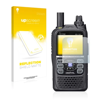 Front side of a product packaging with the brand logo upscreen. Next to it is the device Icom ID-51 shown with the correspondi