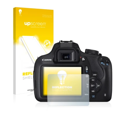 Front side of a product packaging with the brand logo upscreen. Next to it is the device Canon EOS 1200D shown with the corres