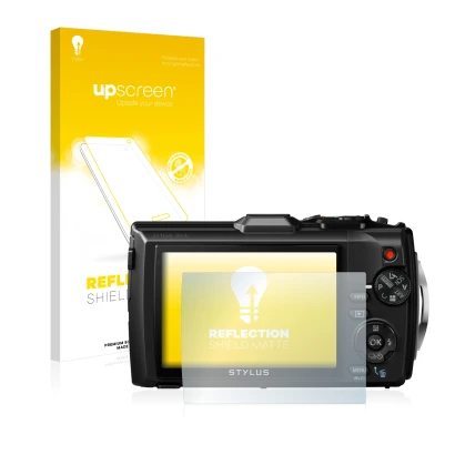 Front side of a product packaging with the brand logo upscreen. Next to it is the device Olympus Stylus Tough TG-3 shown with 