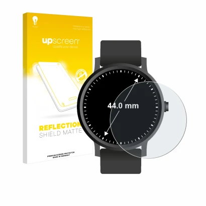 Front side of a product packaging with the brand logo upscreen. Next to it is the device Watches (Circular, ø: 44 mm) shown wi